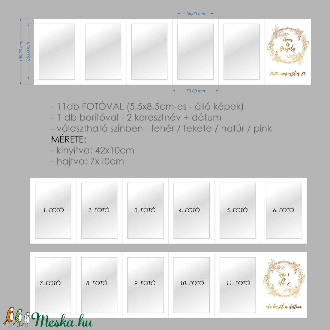 Egyedi 11 fotós Mini Harmonika Fotóalbum - Köszönőajándék / Fénykép album / Menyasszony és Vőlegény nevével 10x7cm-es -  - Meska.hu