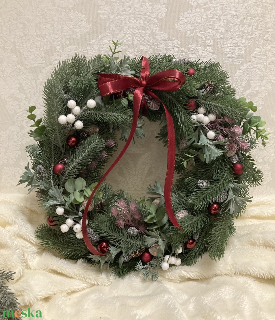 Bordó adventi ajtódísz élethű fenyőből - karácsony - adventi díszek - adventi ajtódísz - Meska.hu