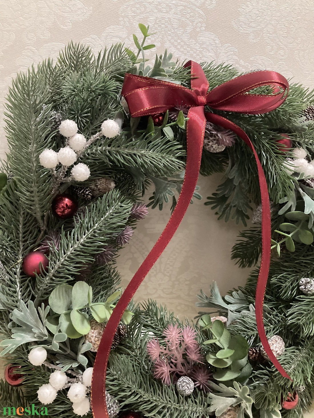 Bordó adventi ajtódísz élethű fenyőből - karácsony - adventi díszek - adventi ajtódísz - Meska.hu