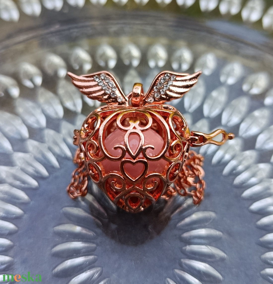 Rózsaszín rosegold angyalhívó nyaklánc - ékszer - nyaklánc - hosszú nyaklánc - Meska.hu