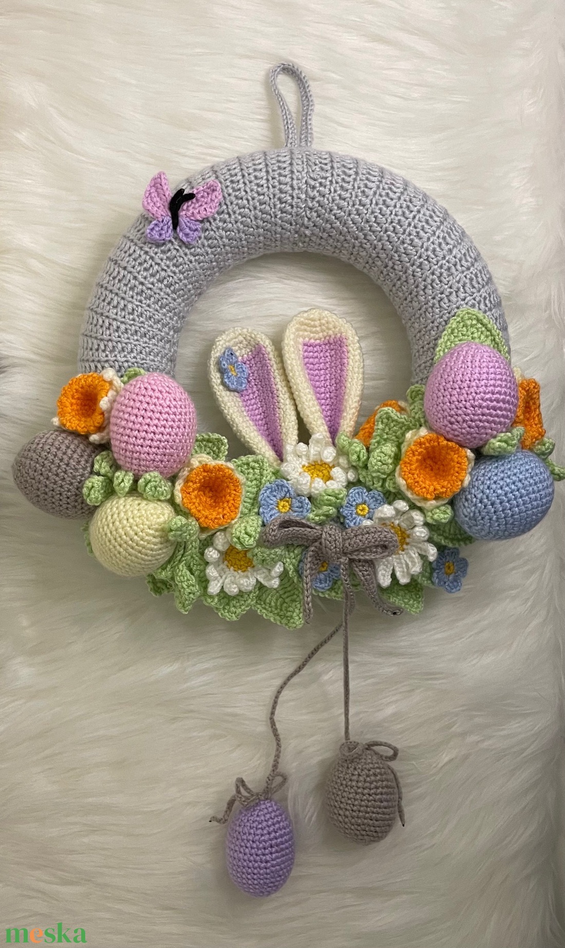 Horgolt húsvéti kopogtató nyuszifüllel � tavaszi ajtódísz, választható függő dekorral - ünnepi díszek, dekorációk - húsvéti díszek és dekorációk - húsvéti ajtódísz, kopogtató - Meska.hu