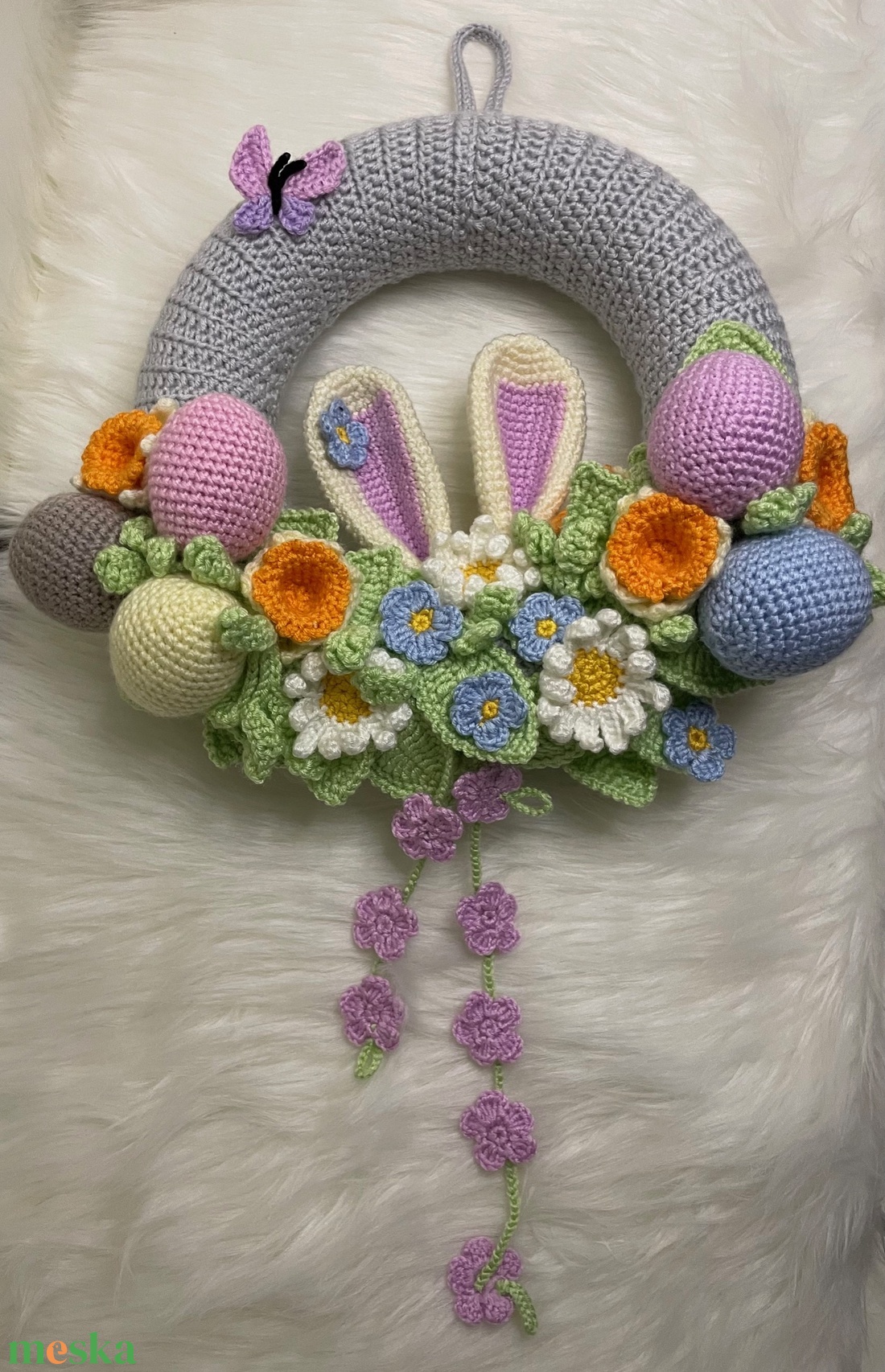 Horgolt húsvéti kopogtató nyuszifüllel � tavaszi ajtódísz, választható függő dekorral - ünnepi díszek, dekorációk - húsvéti díszek és dekorációk - húsvéti ajtódísz, kopogtató - Meska.hu