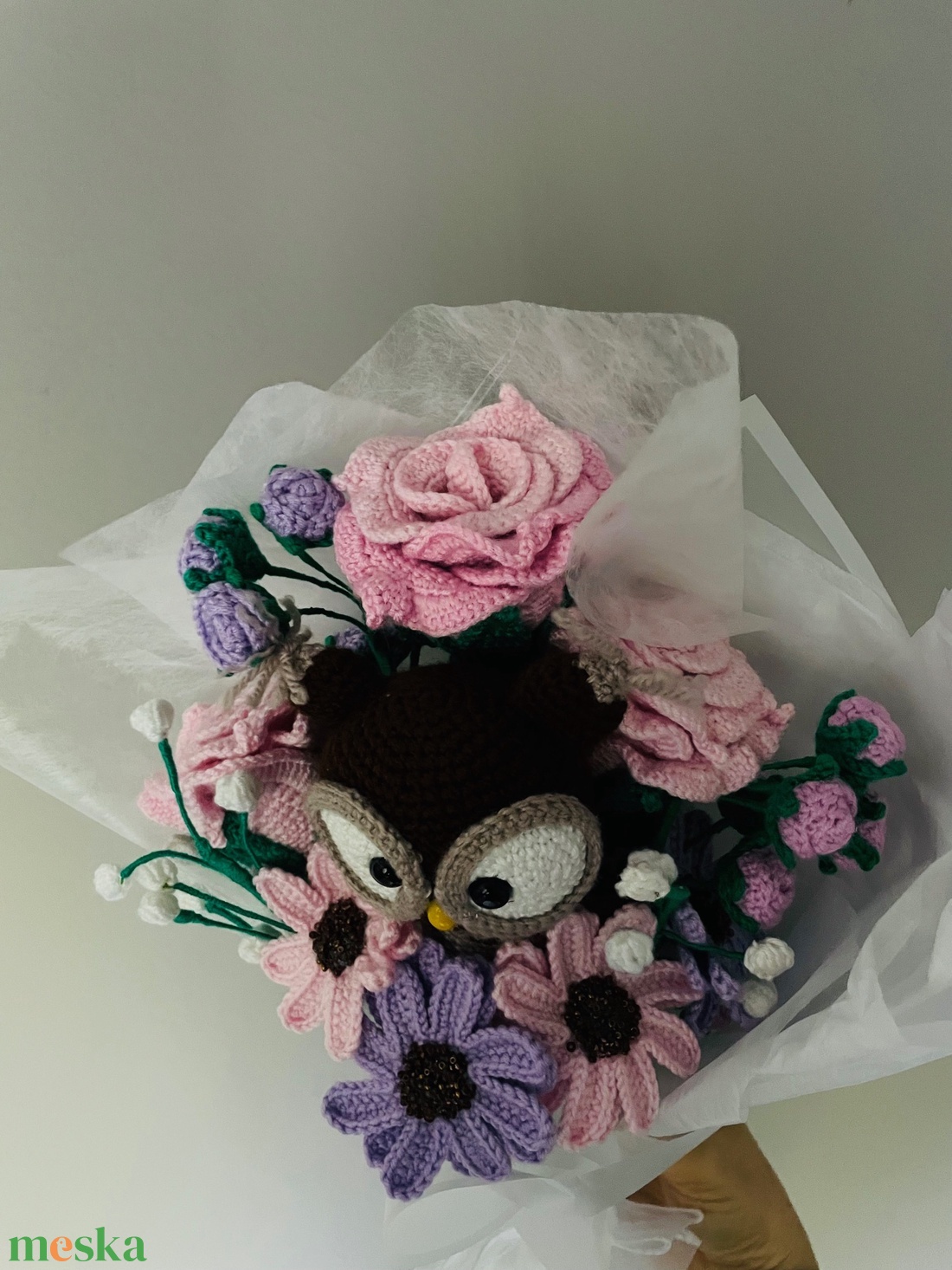 Horgolt virágcsokor ballagásra bagollyal - kézzel készült egyedi ajándék - otthon & életmód - virágdekoráció - virágok - virágcsokor - Meska.hu