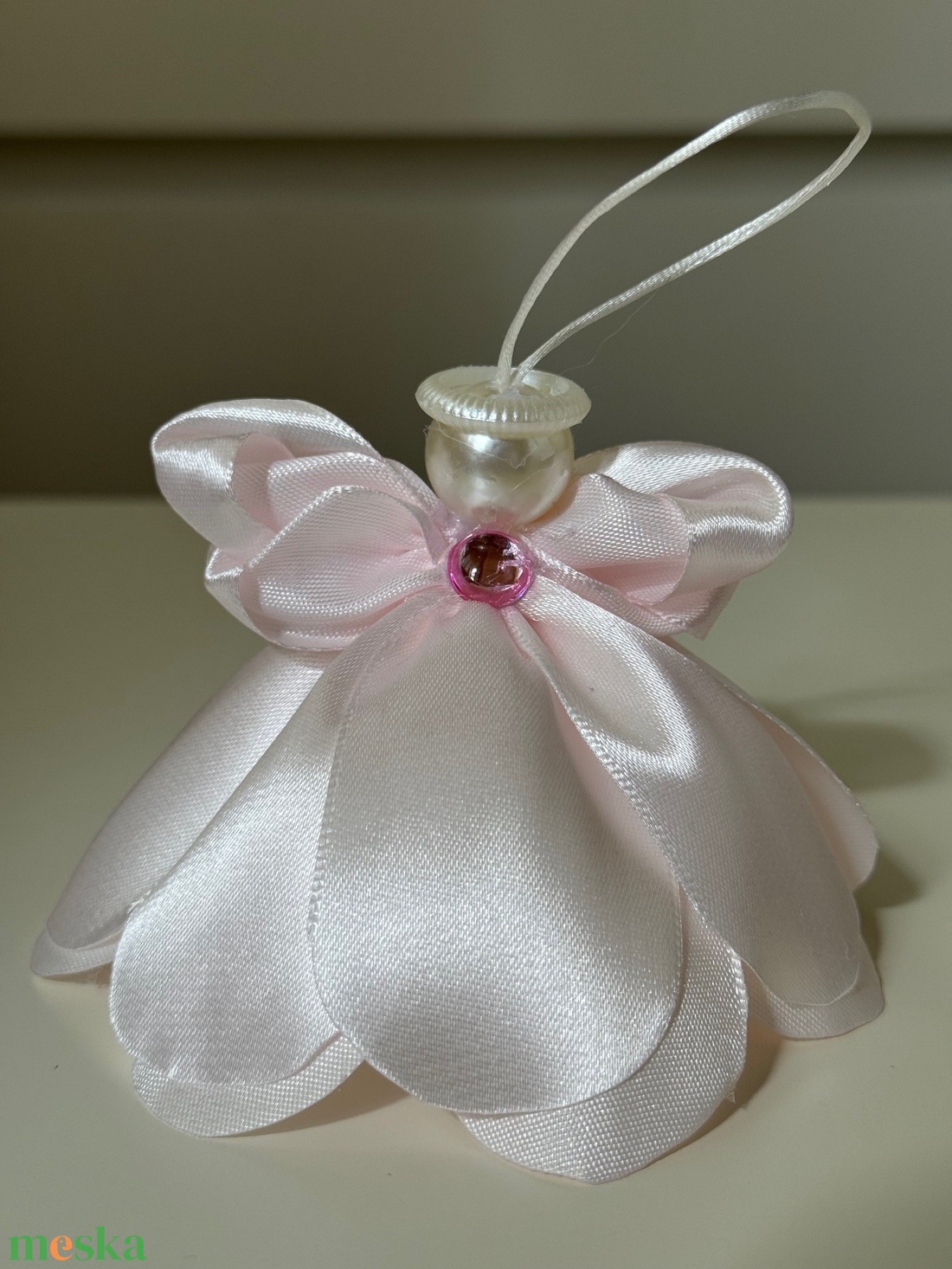 Karácsonyi angyalka rózsaszín selyemszalagból - karácsony - karácsonyi lakásdekoráció - karácsonyi lakásdíszek - Meska.hu