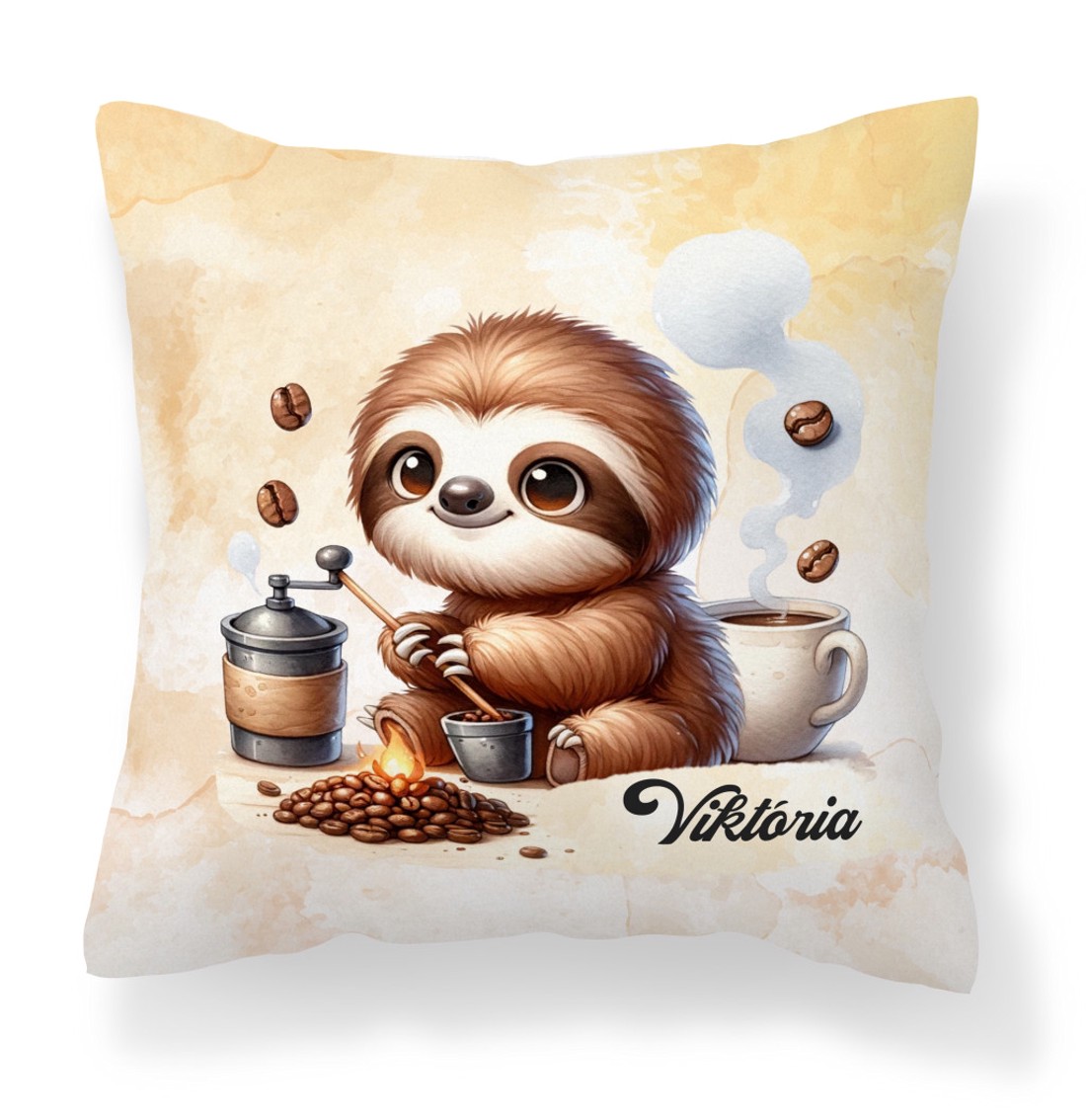 Névvel kérhető - Kávés lajhár és frissen pörkölt kávé mintás párna - otthon & életmód - lakástextil - párna & párnahuzat - díszpárna (belsővel együtt) - Meska.hu