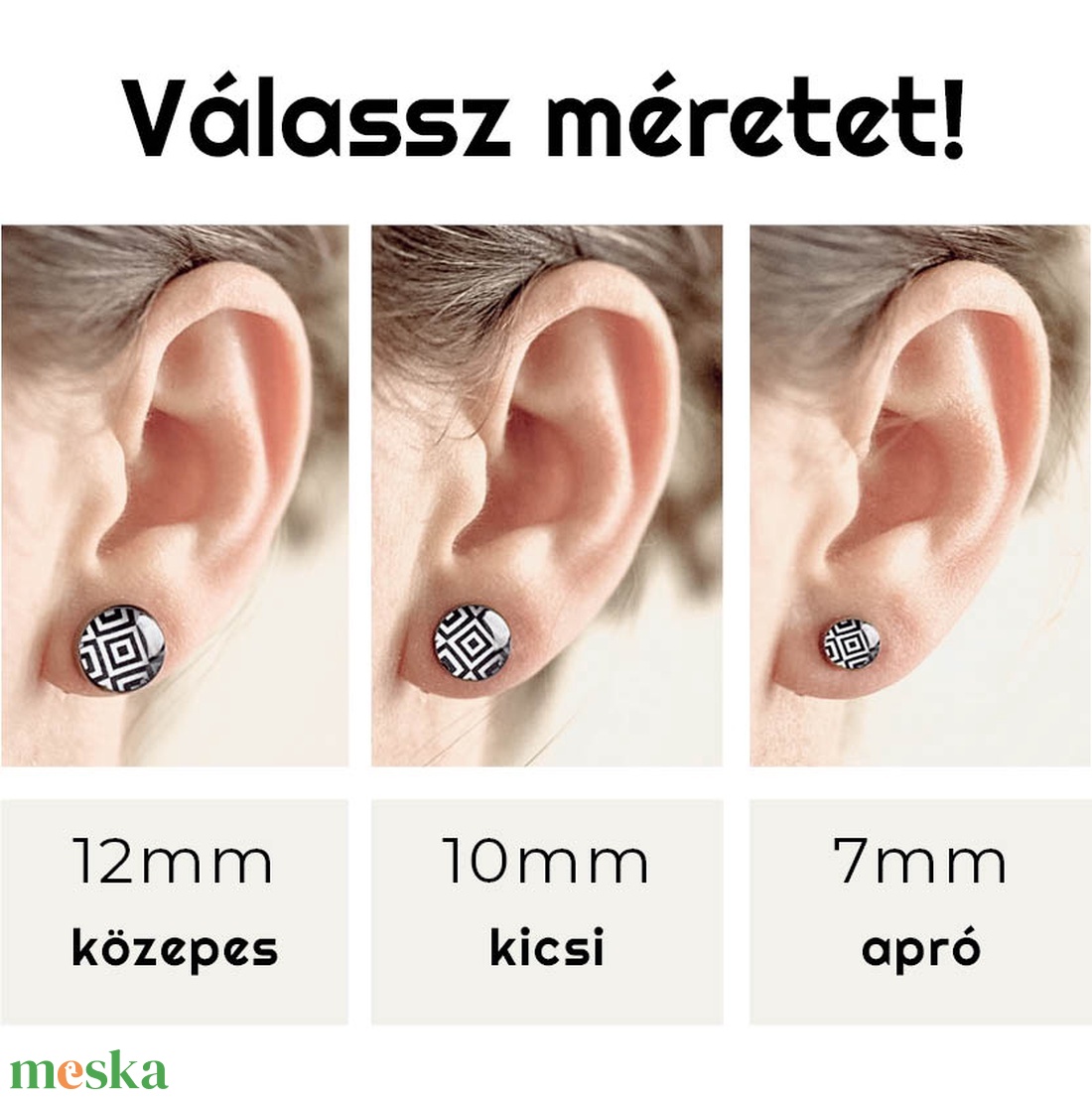 Kalocsai motívumos orvosi acél pötty fülbevalók (fekete-fehér, 5) - ékszer - fülbevaló - pötty fülbevaló - Meska.hu