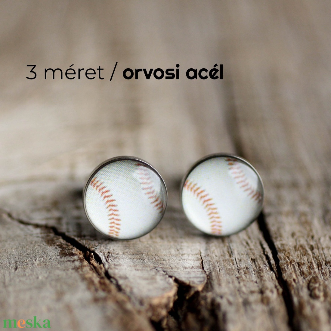 Baseball labda nemesacél fülbevaló (bedugós) - ékszer - fülbevaló - pötty fülbevaló - Meska.hu