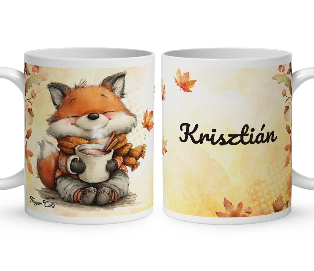 Névvel kérhető - Cuki őszi kávézós róka mintás bögre - otthon & életmód - konyhafelszerelés, tálalás - tálalás - bögre & csésze - Meska.hu