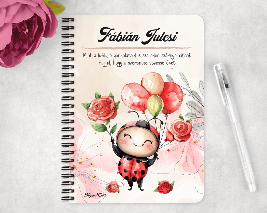 Személyre szabható - Lufis katica mintás A5-ös füzet - otthon & életmód - papír, írószer - jegyzetfüzet & napló - Meska.hu