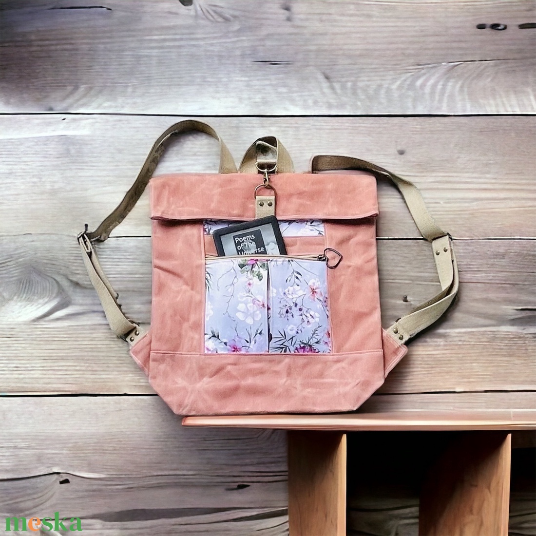 Nagyméretű impregnált vászon roll-top táska magnóliákkal - táska & tok - hátizsák - roll top hátizsák - Meska.hu