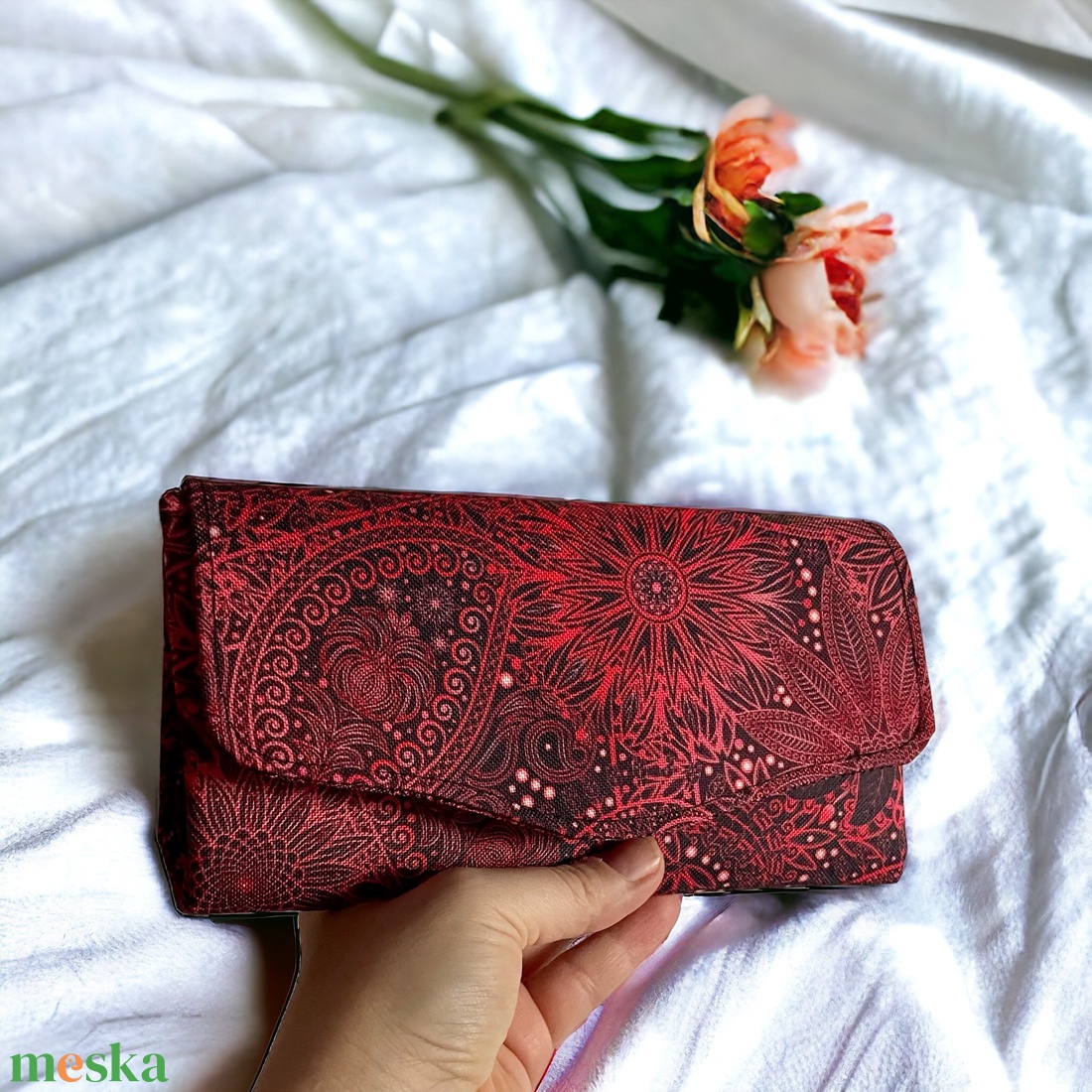 Tűzpiros virágmintás nagyméretű pénztárca  - táska & tok - pénztárca & más tok - pénztárca - női pénztárca - Meska.hu