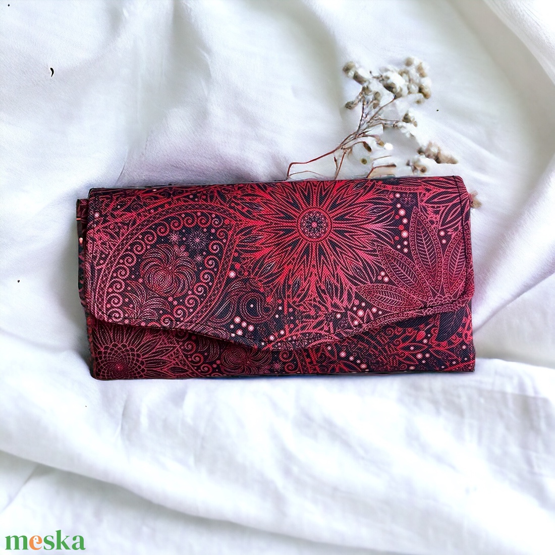 Tűzpiros virágmintás nagyméretű pénztárca  - táska & tok - pénztárca & más tok - pénztárca - női pénztárca - Meska.hu
