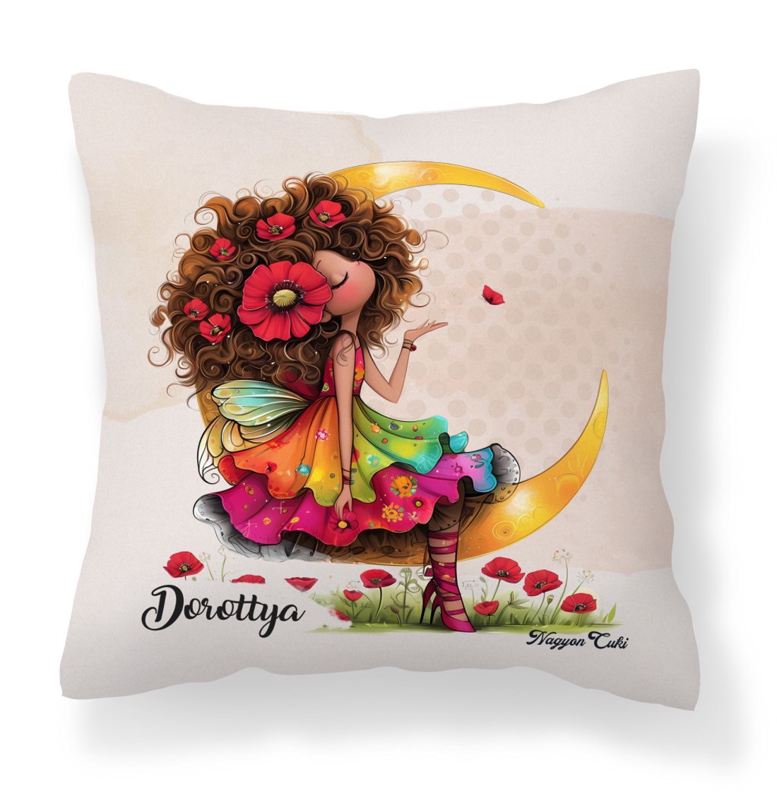 Névvel kérhető - Huncut pipacs tündérlány és a hold mintás párna - otthon & életmód - lakástextil - párna & párnahuzat - díszpárna (belsővel együtt) - Meska.hu