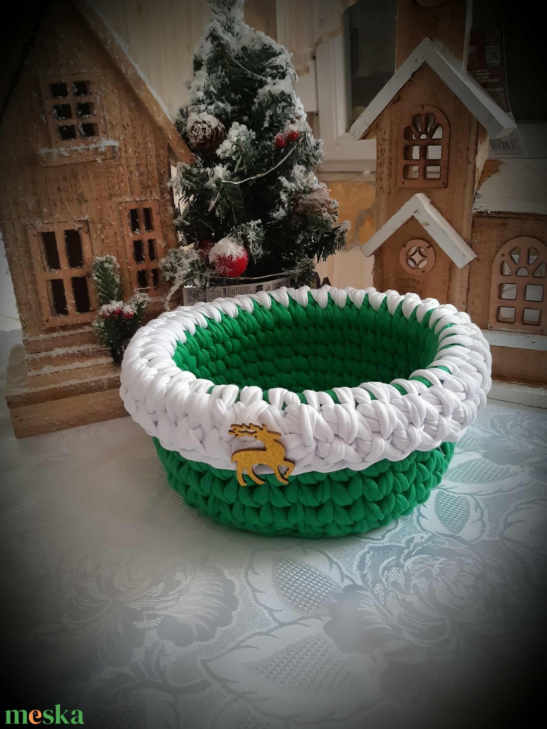 Zöld-fehér karácsonyi kosárka - karácsony - karácsonyi lakásdekoráció - ünnepi asztaldekoráció - Meska.hu