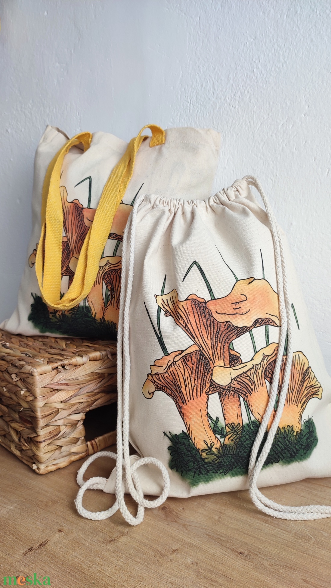 Vászon tornazsák rókagomba mintával - táska & tok - hátizsák - hátizsák - Meska.hu