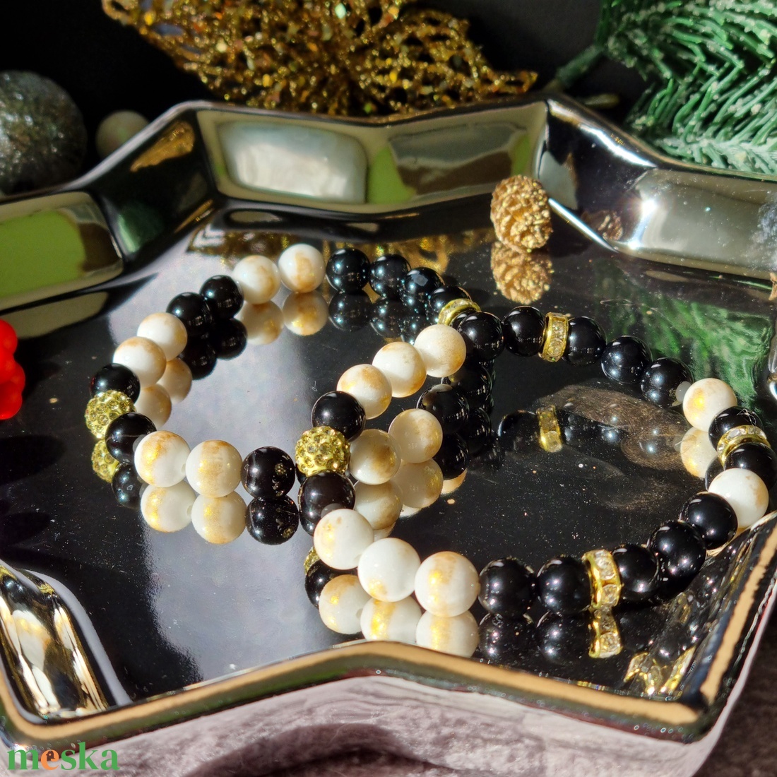 Ónix, aranyozott jáde, Shambala gyöngy karkötő  - ékszer - karkötő - ásványkarkötő - Meska.hu