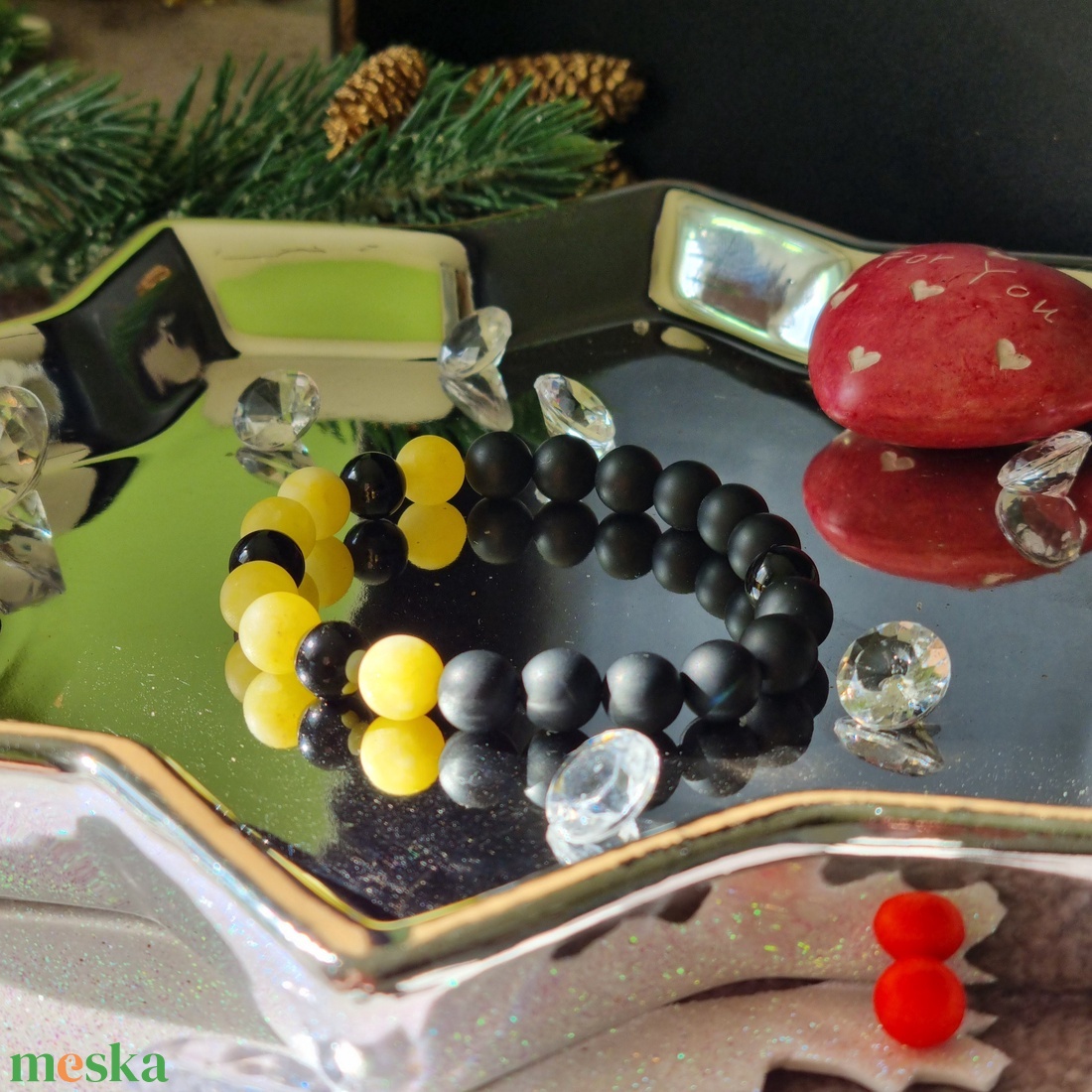 Fényes - matt ónix és matt sárga jáde karkötő  - ékszer - karkötő - ásványkarkötő - Meska.hu