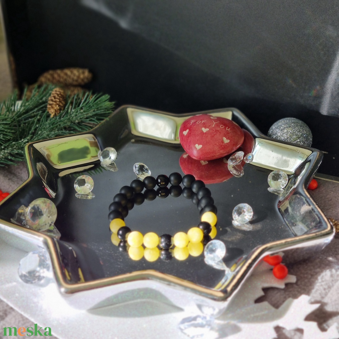 Fényes - matt ónix és matt sárga jáde karkötő  - ékszer - karkötő - ásványkarkötő - Meska.hu