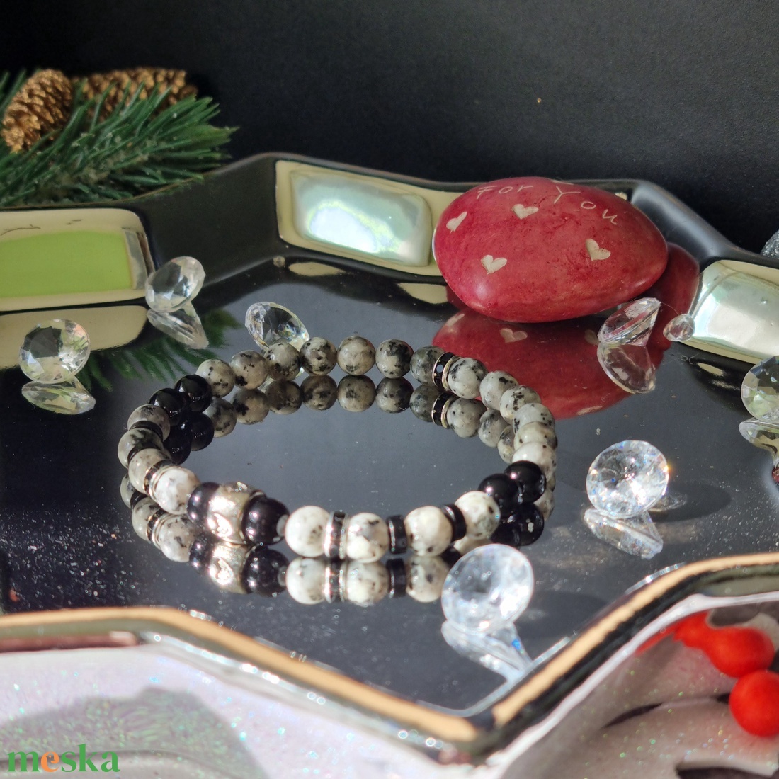 Szezám-kiwi jáspis és ónix karkötő  - ékszer - karkötő - ásványkarkötő - Meska.hu