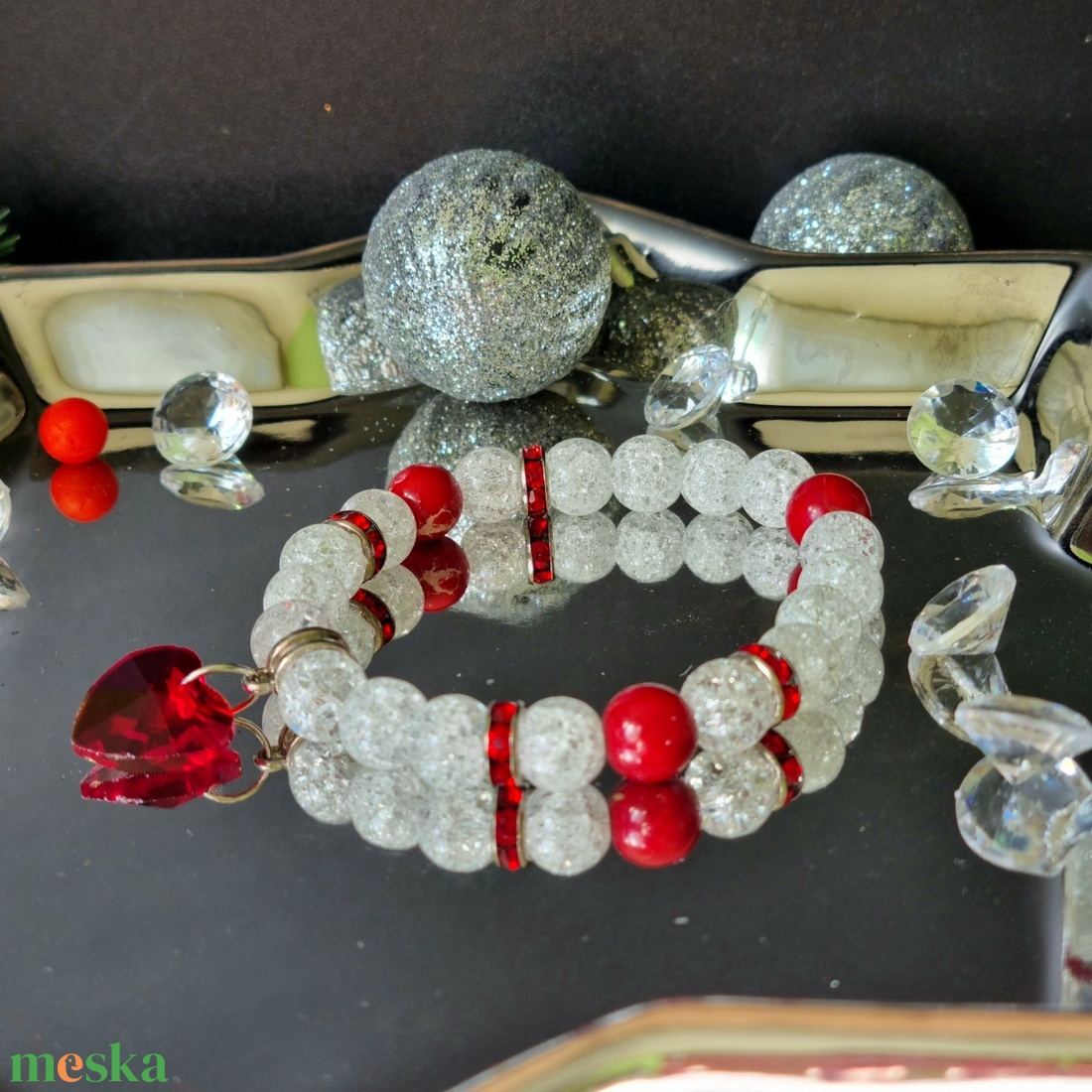 Hegyikristály, jáspis, szív kristály karkötő  - ékszer - karkötő - ásványkarkötő - Meska.hu