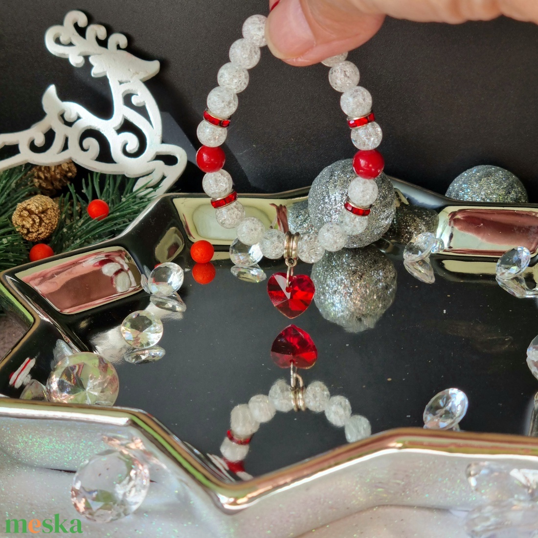 Hegyikristály, jáspis, szív kristály karkötő  - ékszer - karkötő - ásványkarkötő - Meska.hu