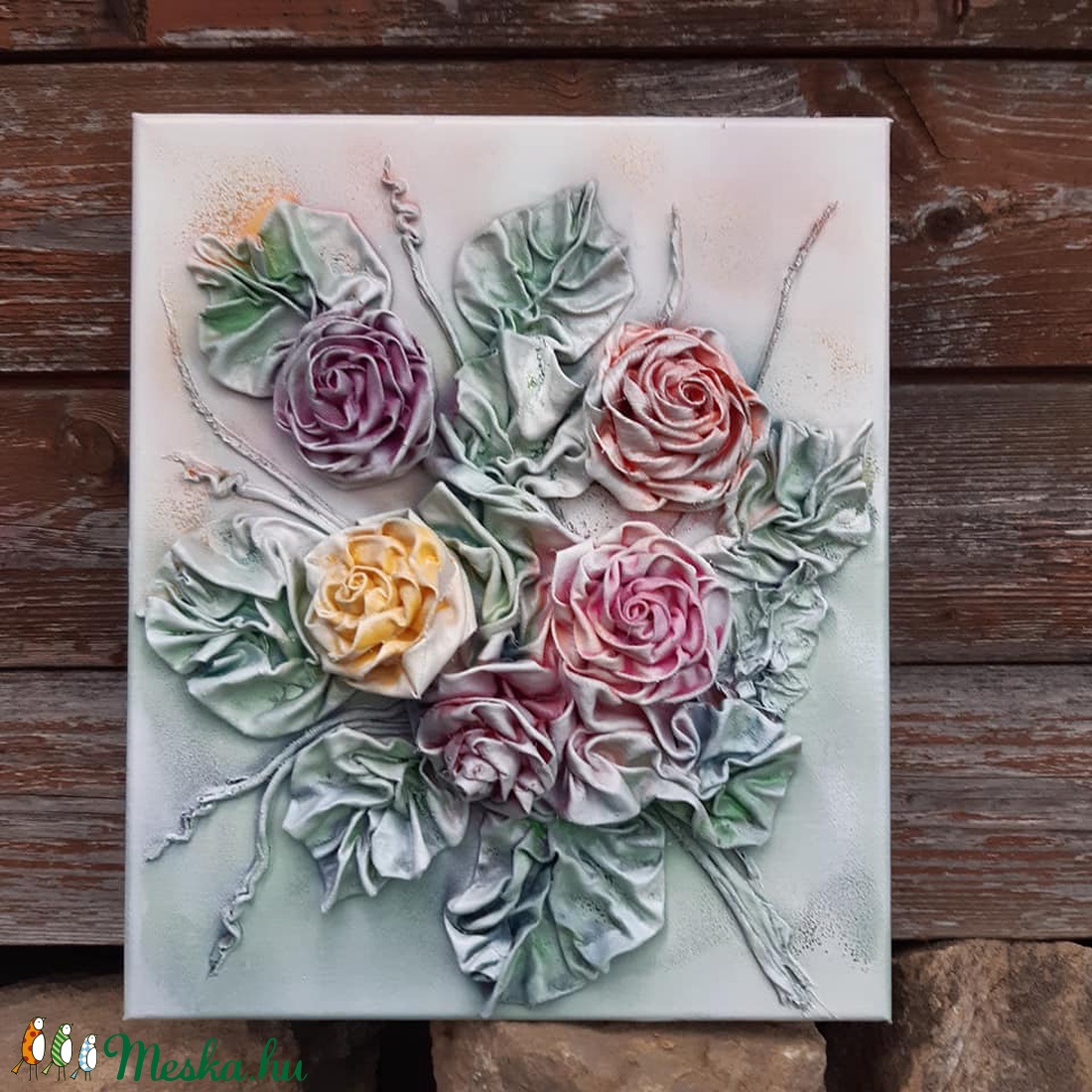 25x30cm-es virágkompozíció 3d-ben, textilszobrászattal - otthon & életmód - dekoráció - kép & falikép - Meska.hu