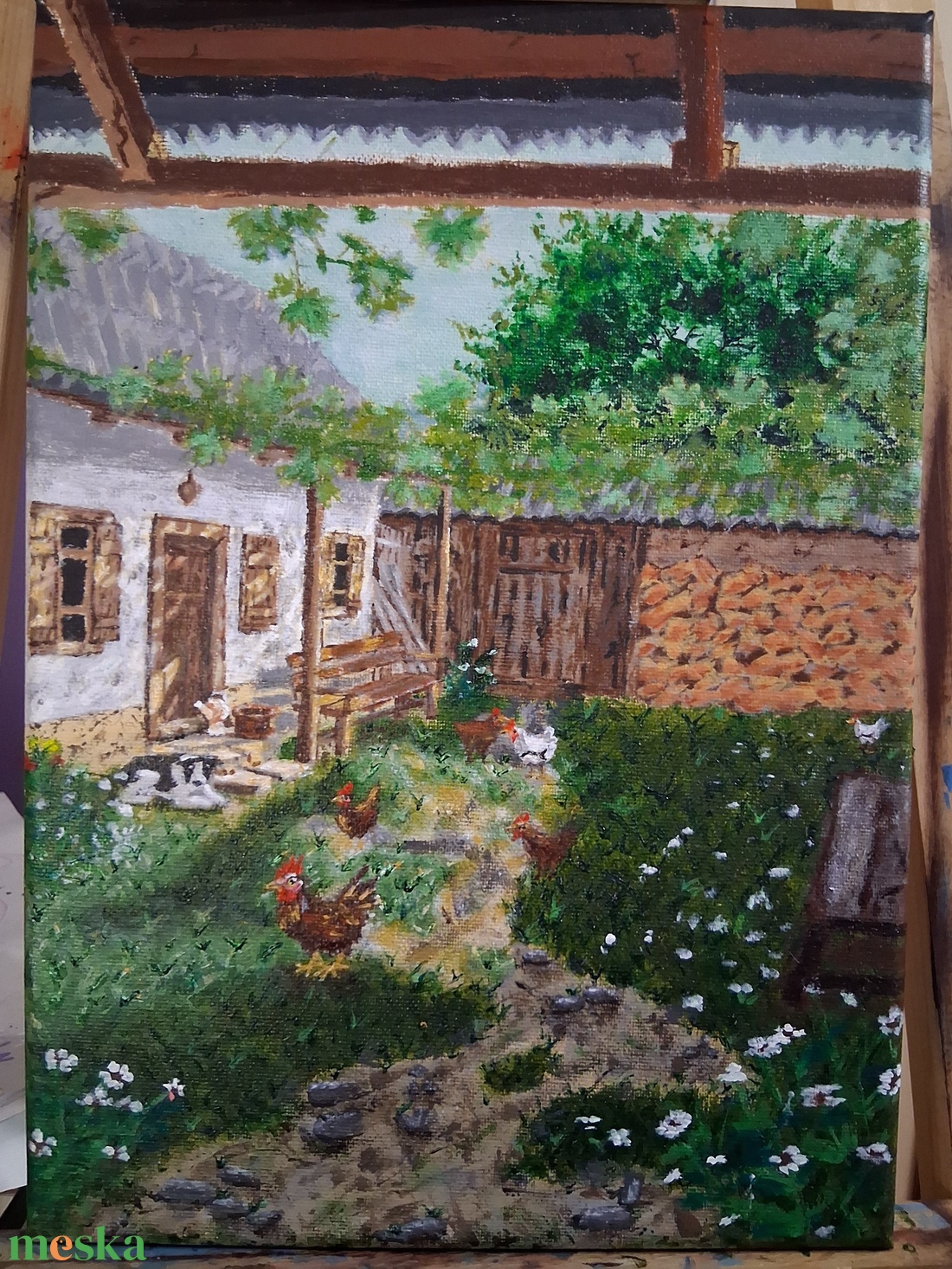 Parasztház állatokkal - művészet - festmény - akril - Meska.hu
