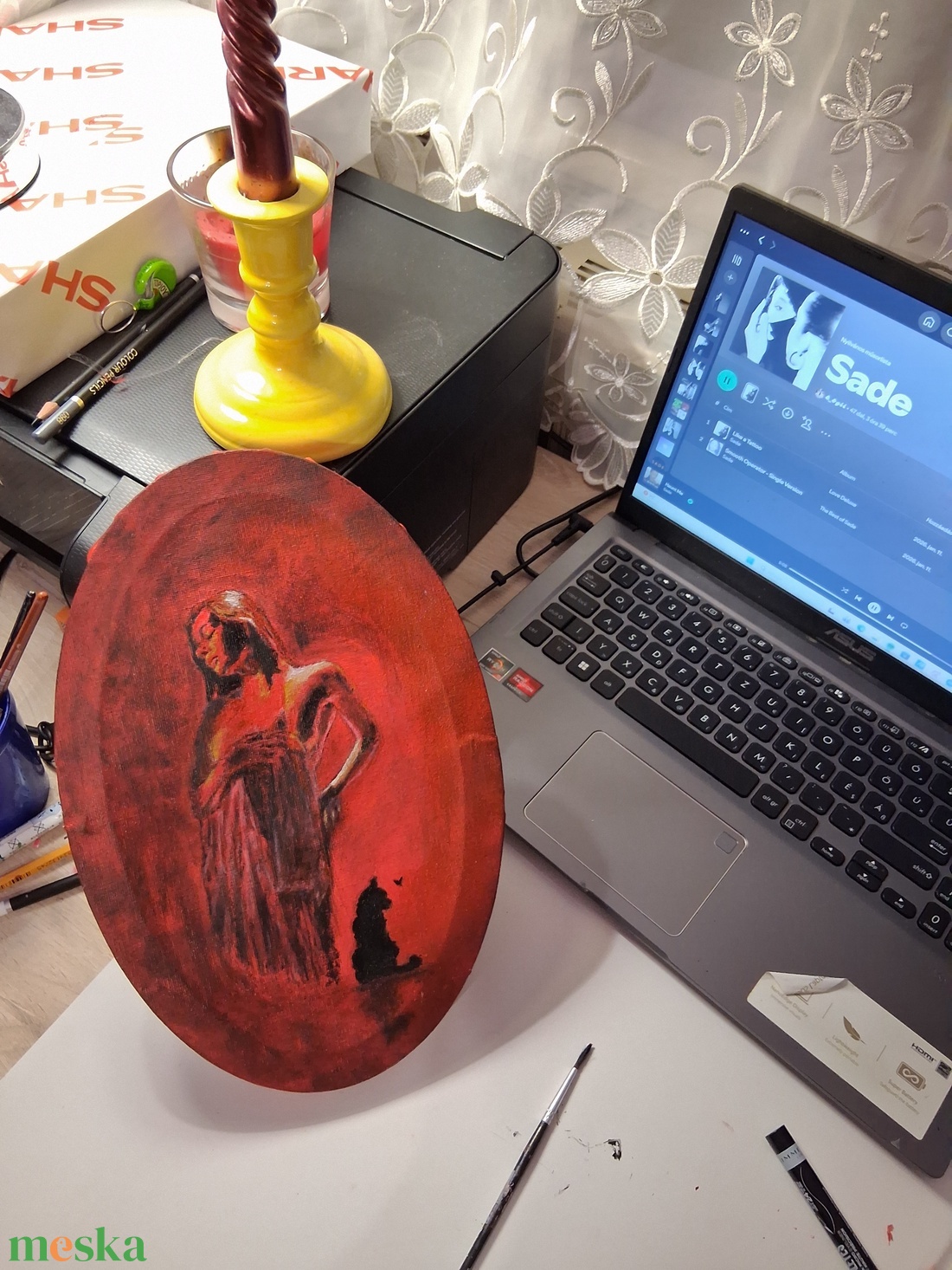 Hölgy egy cicával :) - művészet - festmény - akril - Meska.hu