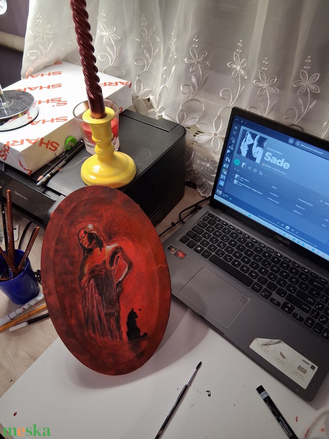 Hölgy egy cicával :) - művészet - festmény - akril - Meska.hu