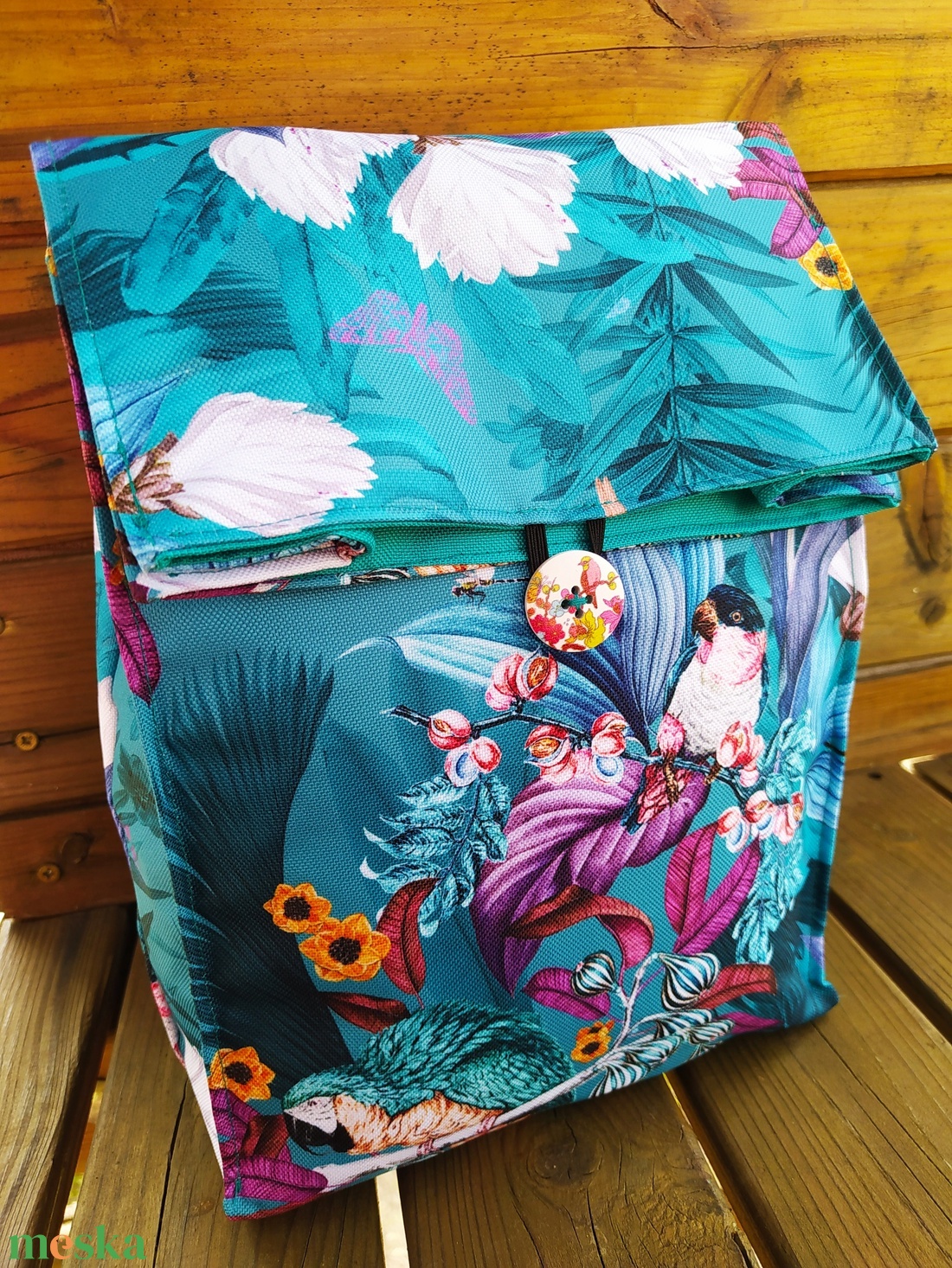 Türkiz virágmintás tízórais/ uzsonnás zacsi - táska & tok - uzsonna- & ebéd tartó - ebéd tasak, doboz - Meska.hu