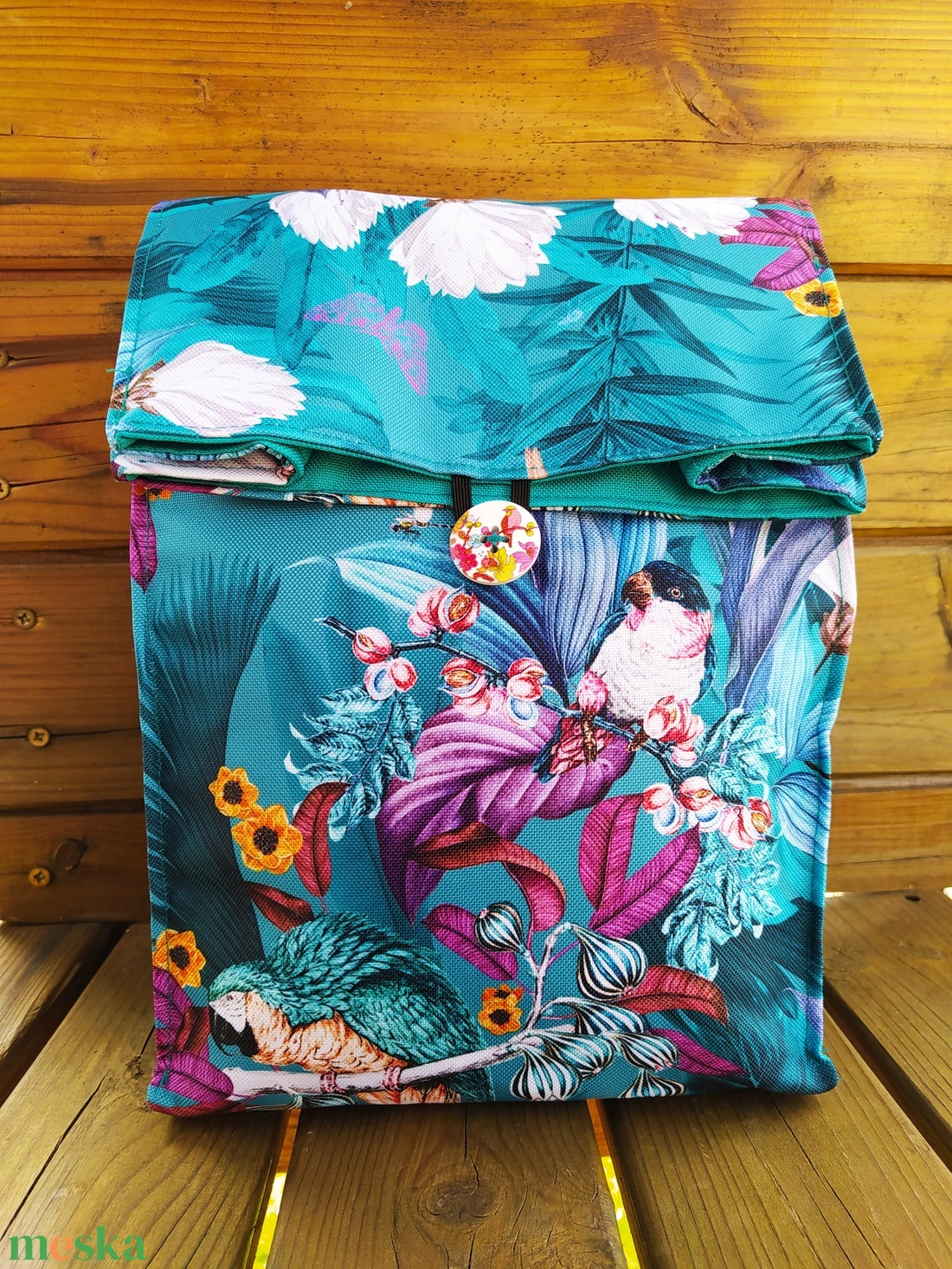 Türkiz virágmintás tízórais/ uzsonnás zacsi - táska & tok - uzsonna- & ebéd tartó - ebéd tasak, doboz - Meska.hu