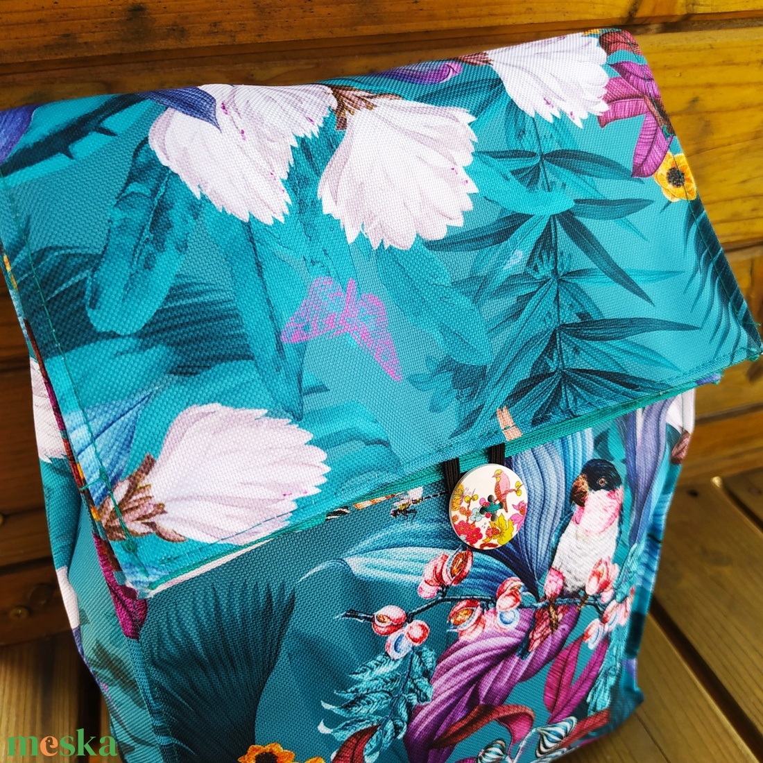 Türkiz virágmintás tízórais/ uzsonnás zacsi - táska & tok - uzsonna- & ebéd tartó - ebéd tasak, doboz - Meska.hu