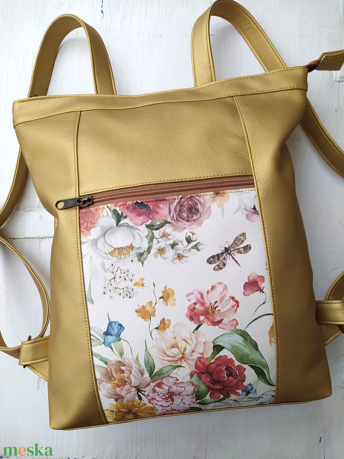 Arany virágos textilbőr hátizsák - táska & tok - hátizsák - hátizsák - Meska.hu
