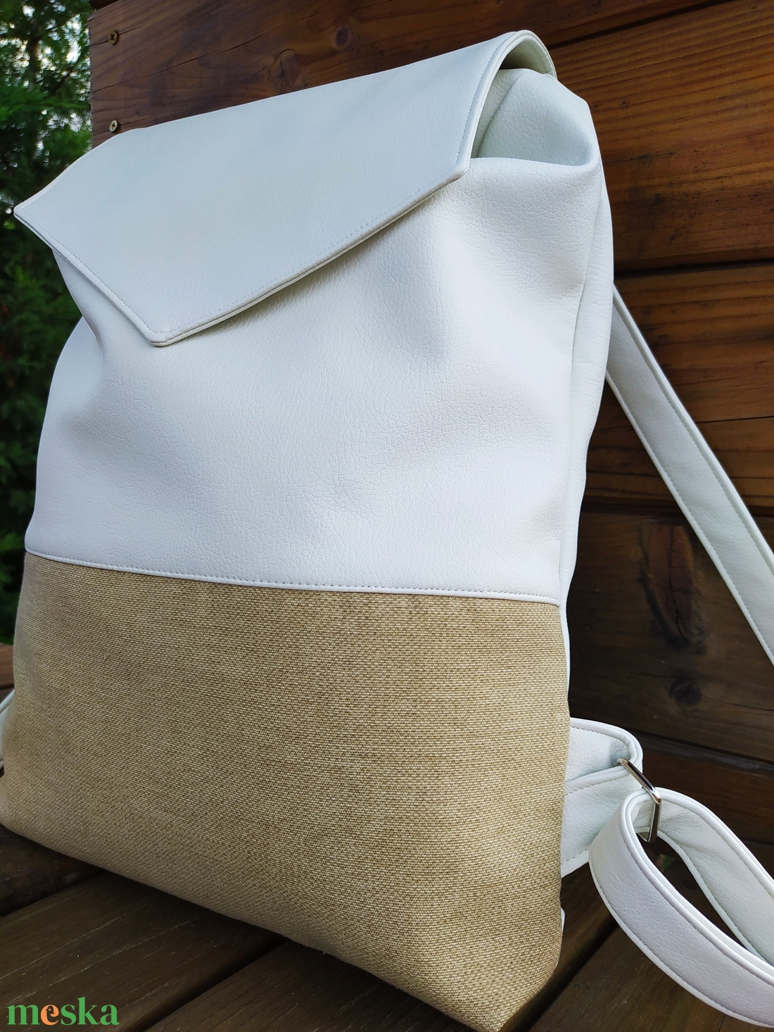 Fehér-bézs textilbőr hátizsák - táska & tok - hátizsák - hátizsák - Meska.hu