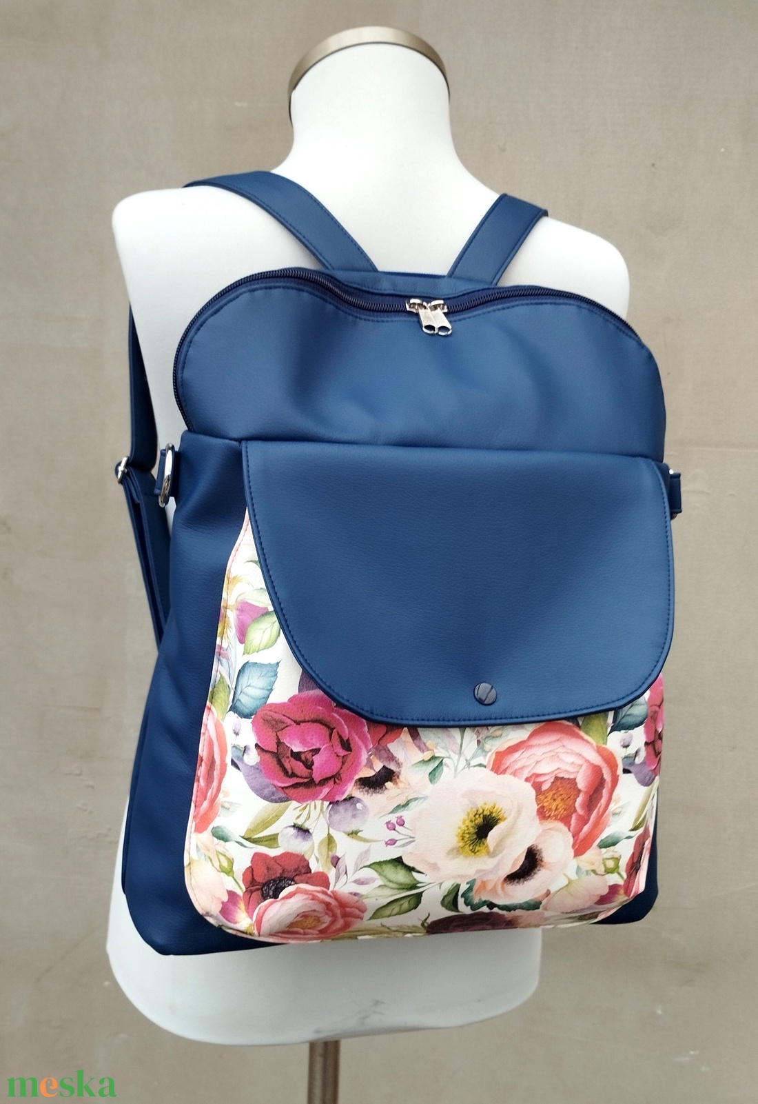 Kék textilbőr virgmintás hátizsák  - táska & tok - hátizsák - hátizsák - Meska.hu