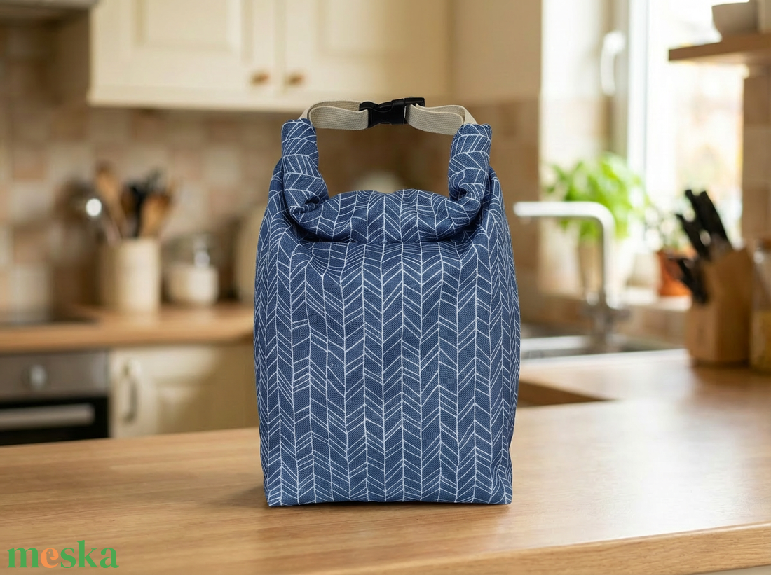 Kék geometriai mintás lunch bag - táska & tok - uzsonna- & ebéd tartó - ebéd tasak, doboz - Meska.hu