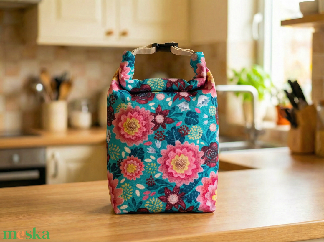 Türkiz virágos lunch bag - táska & tok - uzsonna- & ebéd tartó - ebéd tasak, doboz - Meska.hu