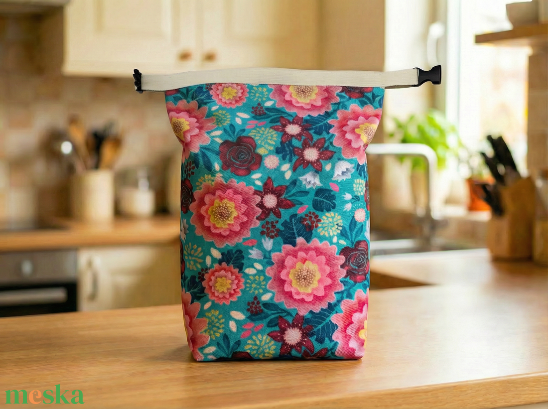 Türkiz virágos lunch bag - táska & tok - uzsonna- & ebéd tartó - ebéd tasak, doboz - Meska.hu
