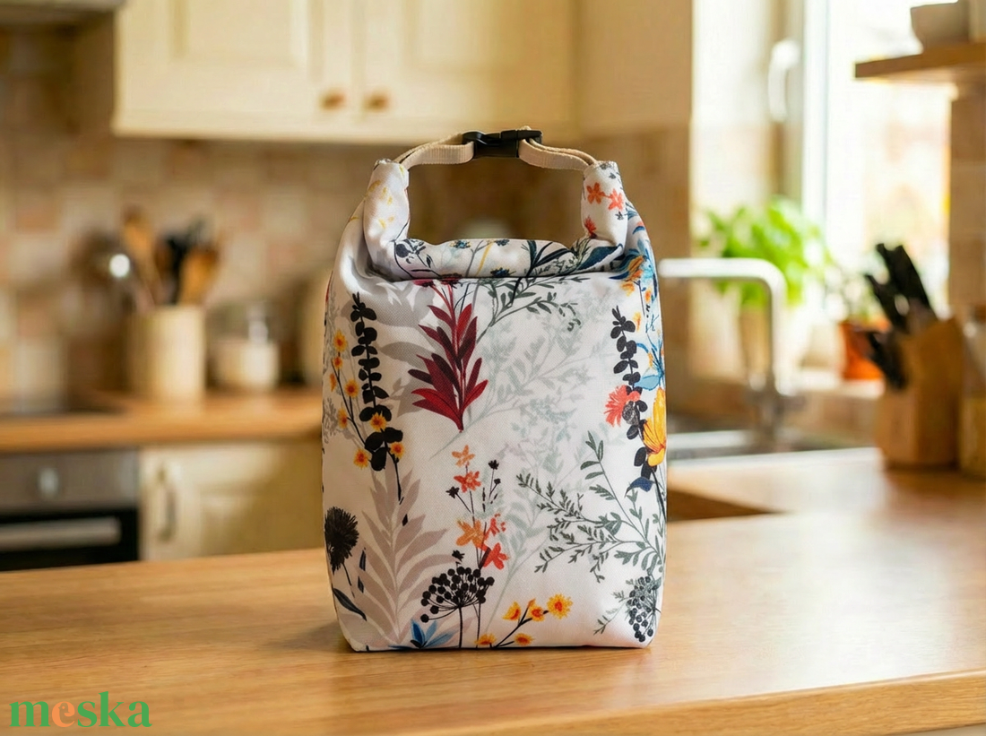 Kék-mustár virágos lunch bag - táska & tok - uzsonna- & ebéd tartó - ebéd tasak, doboz - Meska.hu