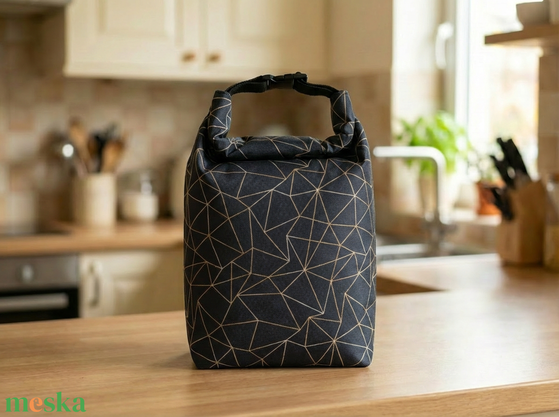 Fekete geometriai mintás lunch bag - táska & tok - uzsonna- & ebéd tartó - ebéd tasak, doboz - Meska.hu