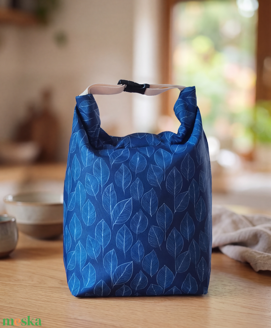 Kék levélmintás lunch bag - táska & tok - uzsonna- & ebéd tartó - ebéd tasak, doboz - Meska.hu