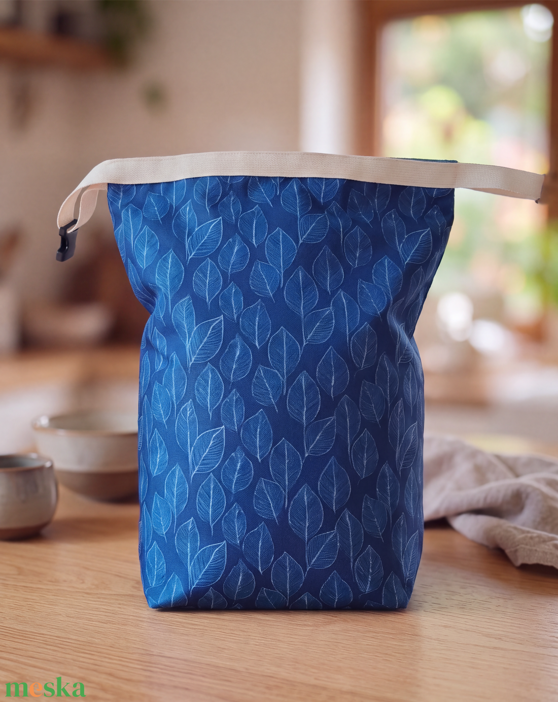 Kék levélmintás lunch bag - táska & tok - uzsonna- & ebéd tartó - ebéd tasak, doboz - Meska.hu