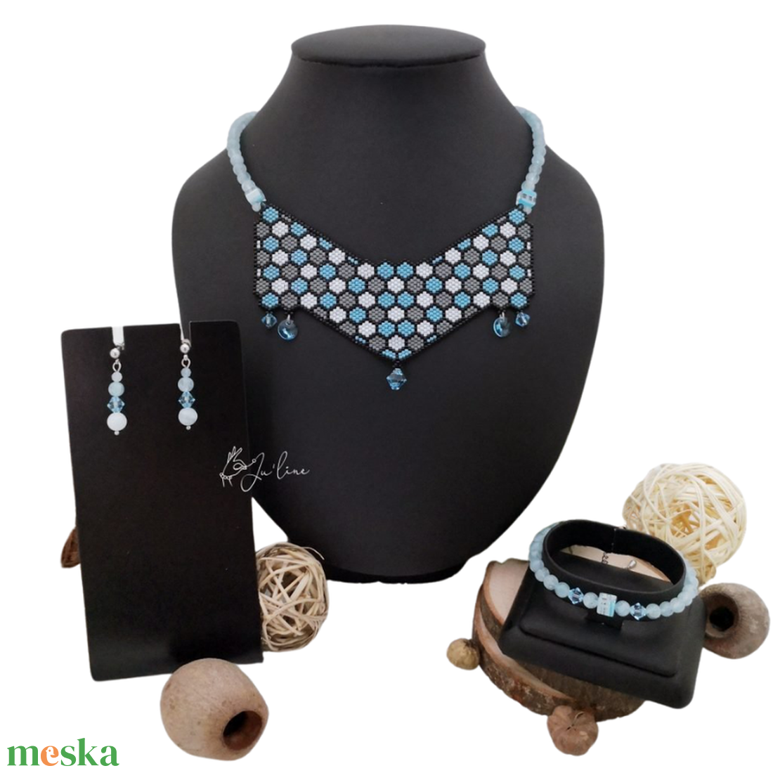 Nemesacél akvamarin ékszer szett (3 részes) Swarovski és millefiori gyöngyökkel - ékszer - ékszerszett - Meska.hu