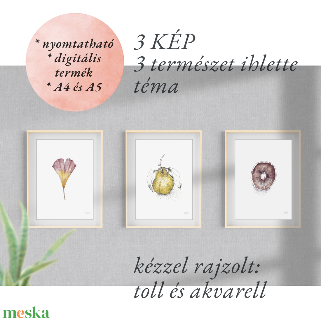 NYOMTATHATÓ 3 kép: Természet ihlette (Csiperke, Páfrányfenyő, Birskörte) - művészet - grafika & illusztráció - digitális - Meska.hu