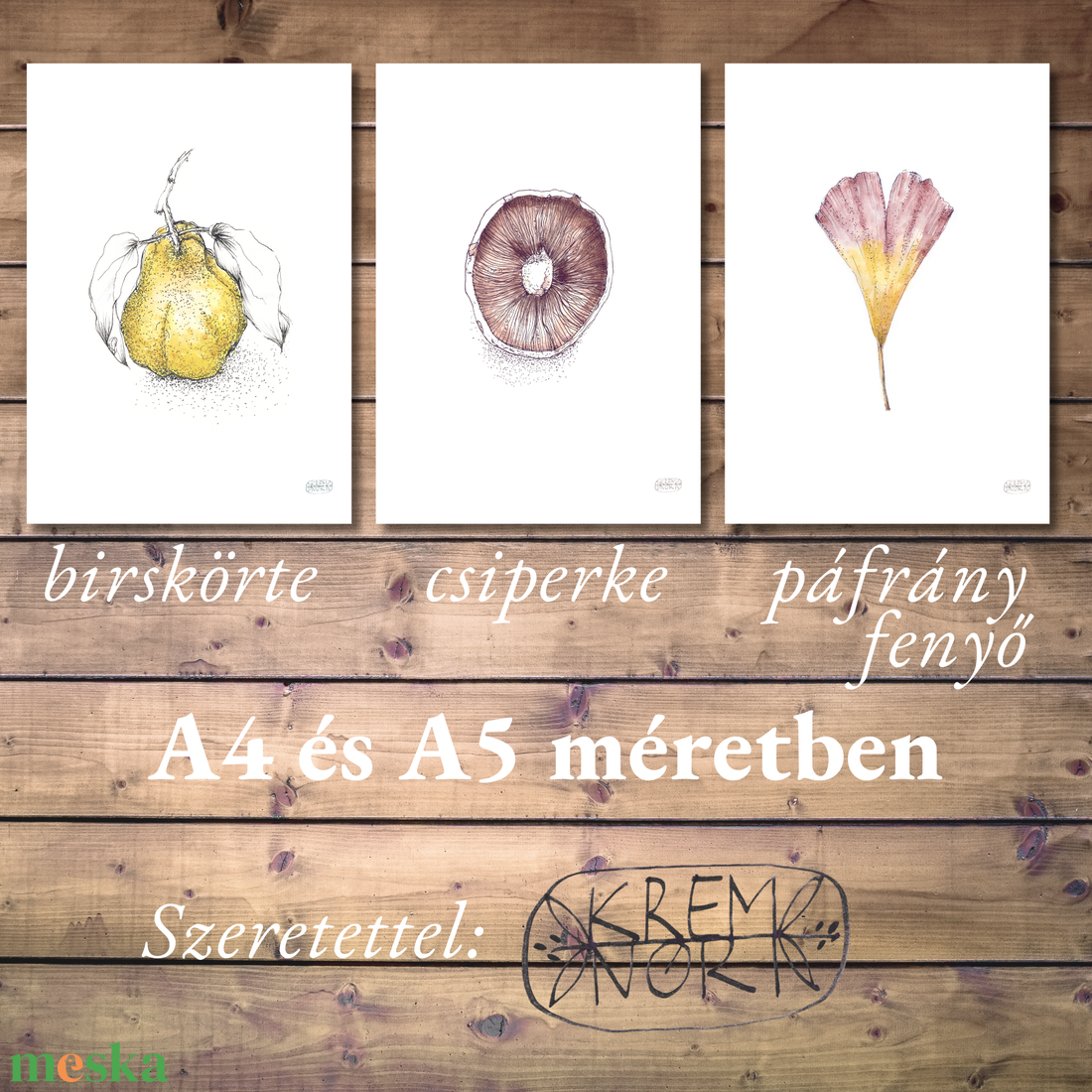 NYOMTATHATÓ 3 kép: Természet ihlette (Csiperke, Páfrányfenyő, Birskörte) - művészet - grafika & illusztráció - digitális - Meska.hu