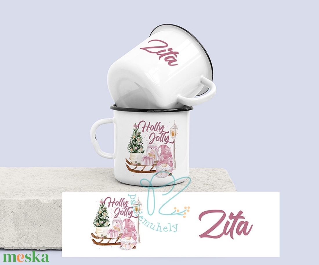 Egyedi Neves Karácsonyi Manós Zománc Bögre - Holly Jolly - otthon & életmód - konyhafelszerelés, tálalás - tálalás - bögre & csésze - Meska.hu
