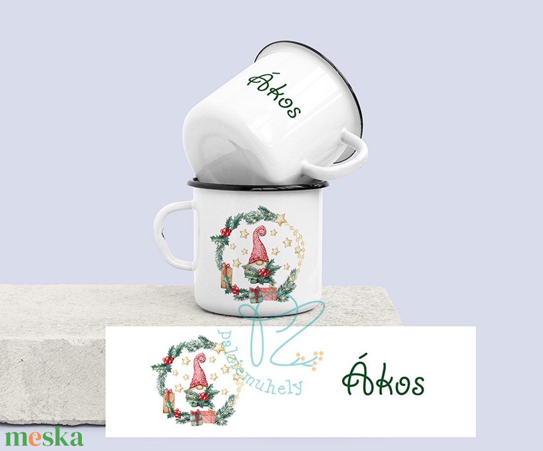 Egyedi Neves Karácsonyi Manós Zománc Bögre - Manó Csillagos Koszorúban - otthon & életmód - konyhafelszerelés, tálalás - tálalás - bögre & csésze - Meska.hu