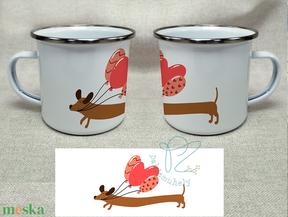 Valentin napi Tacskós Zománc Bögre - Hosszú Tacskó Lufikkal - otthon & életmód - konyhafelszerelés, tálalás - tálalás - bögre & csésze - Meska.hu