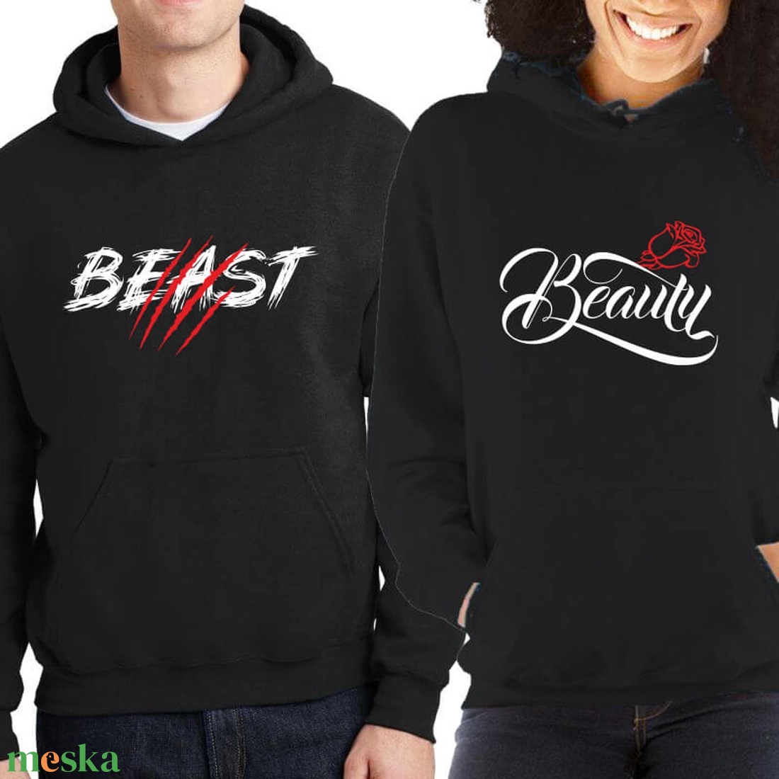 Beast and Beauty páros kapucnis pulóver szett. Kapucnis pulcsik valentin napra, évforulóra. Ajándék pároknak. - ruha & divat - páros szett - női-férfi páros szett - Meska.hu