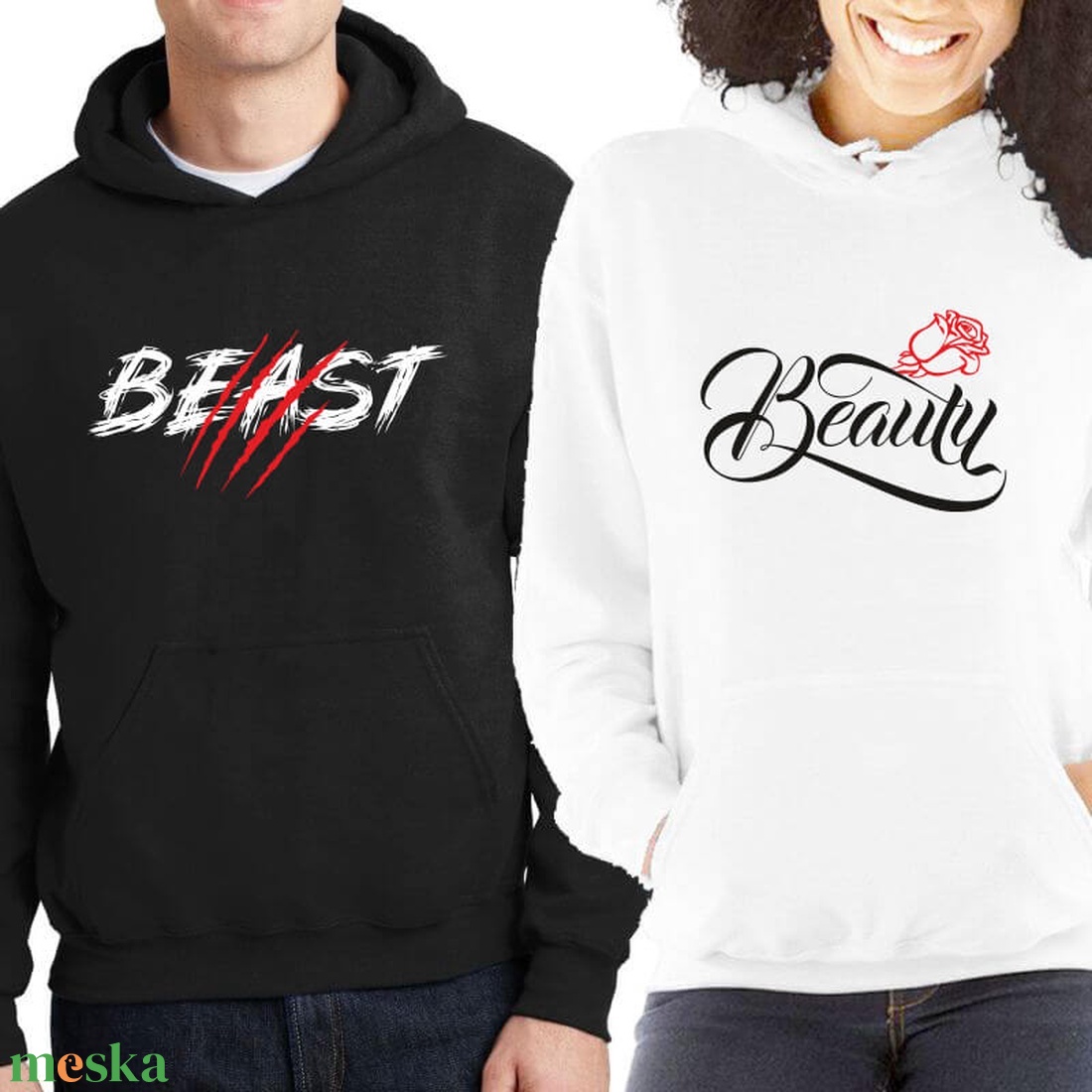 Beast and Beauty páros kapucnis pulóver szett. Kapucnis pulcsik valentin napra, évforulóra. Ajándék pároknak. - ruha & divat - páros szett - női-férfi páros szett - Meska.hu